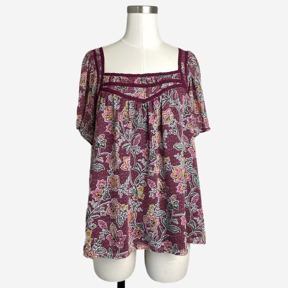 Loft red burgundy floral square neck flutter sleeve top cottagecore poetcore L